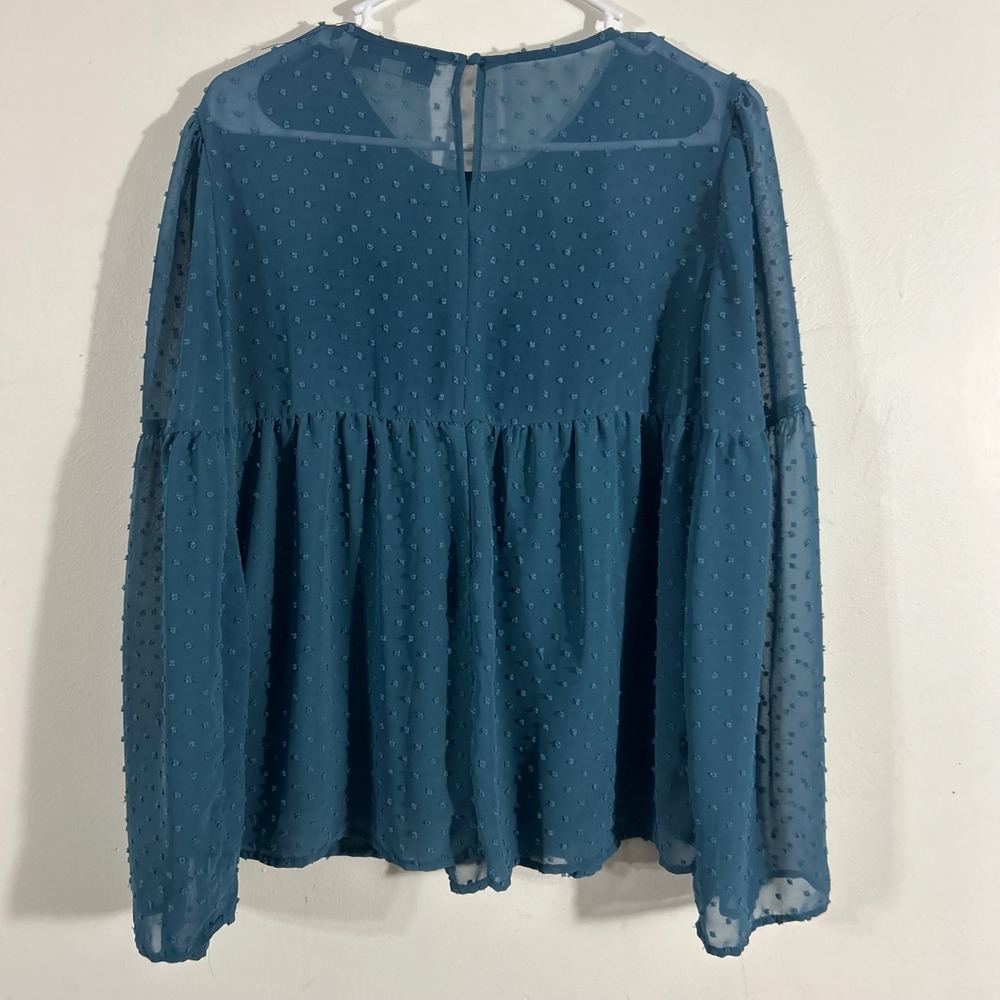Blue Rain Swiss Dot Blouse Women Medium Teal  Sheer Bell Sleeve Boho - Picture 8 of 8
